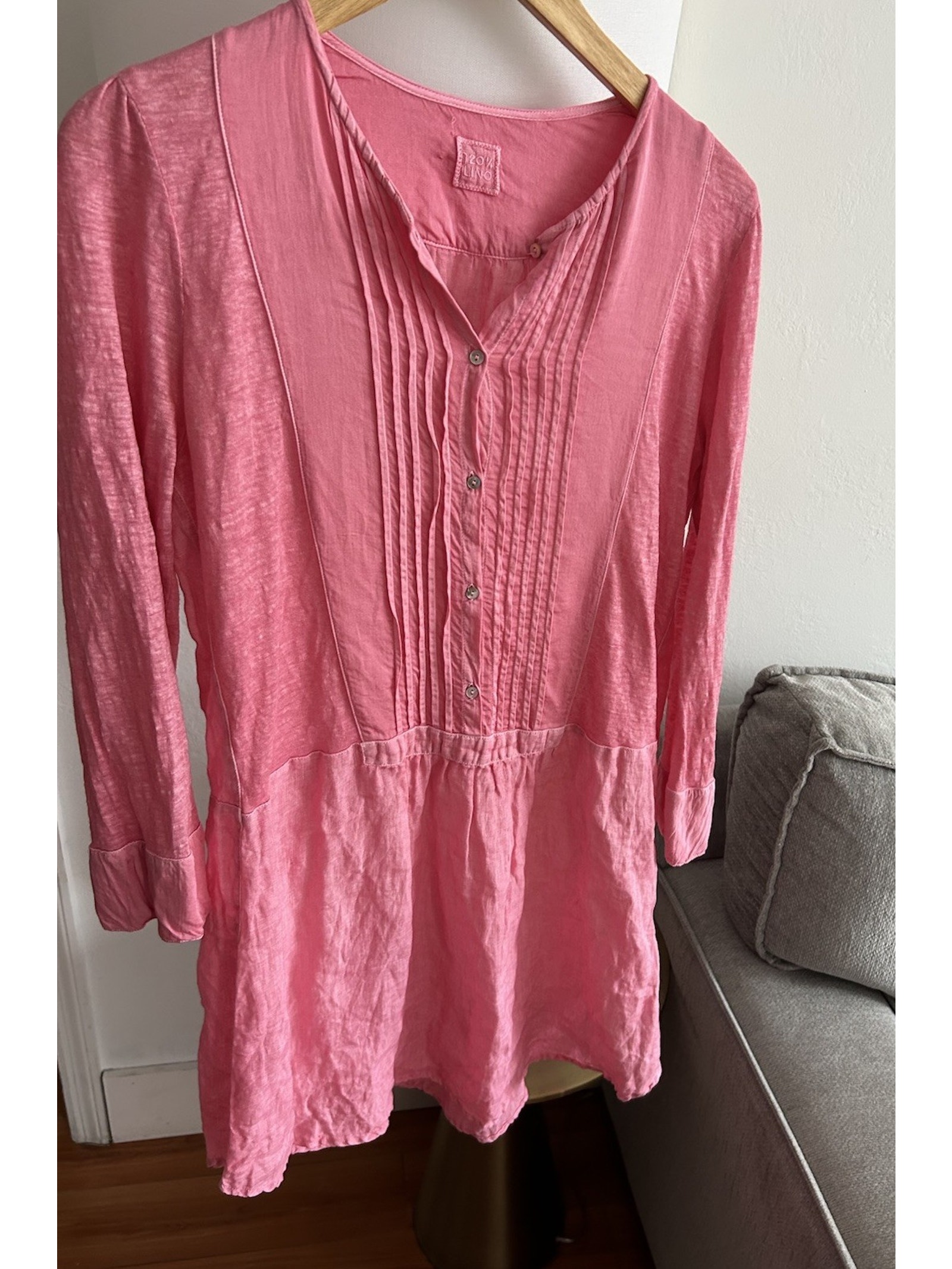 120% Lino Linen Silk Mini Dress S Pink Relaxed Luxury Coastal Flowy Lagenlook